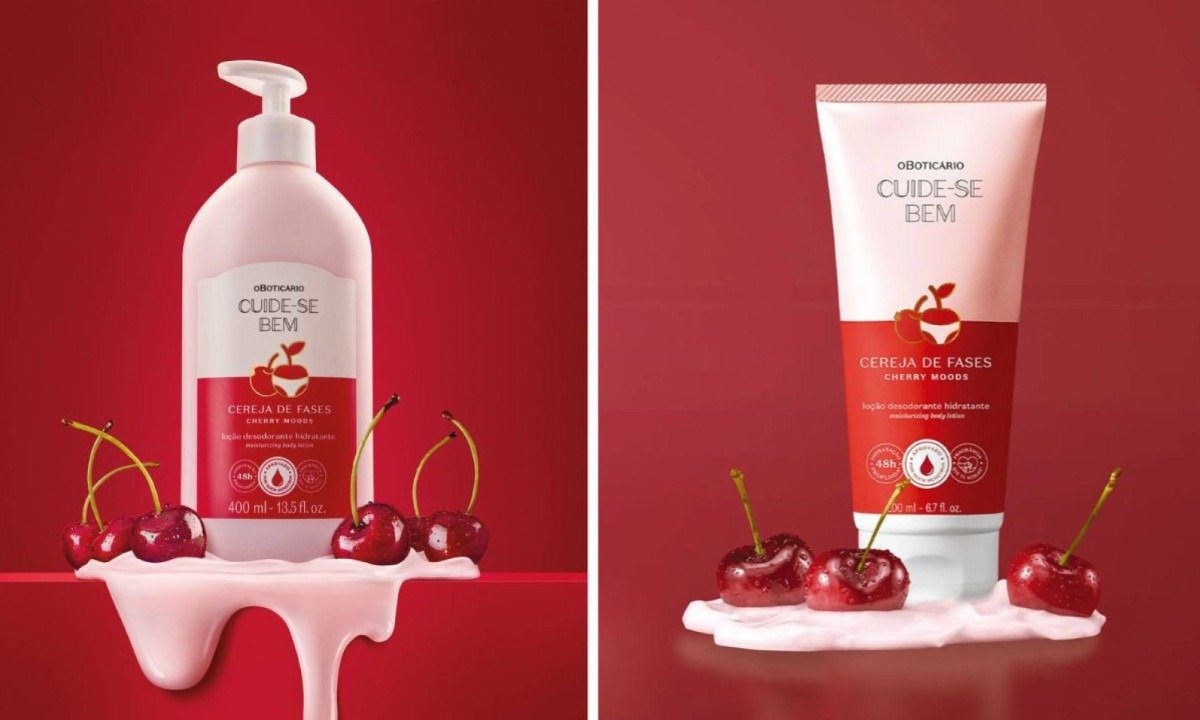 Lo&ccedil;&atilde;o hidratante nas vers&otilde;es 400 ml e 200 ml Cuide-se Bem Cereja de Fases, de O Botic&aacute;rio