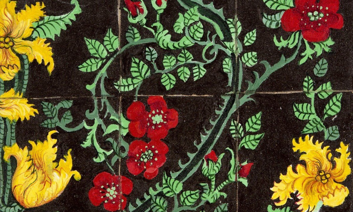 Obra do artista pl&aacute;stico Iuri Sarmento tem flores amarelas e vermelhas e folhas verdes sobre fundo preto