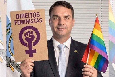 Imagem feita com inteligência artificial (IA) para criticar o voto do senador Flávio Bolsonaro (PL) a favor do PL que prevê pena maior para crime de ódio contra mulheres -  (crédito: Reprodução/Redes sociais)