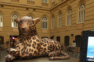 O meme 'alisa meu pelo' ganhou o próprio espaço no pátio do CCBB-BH, com enorme onça-pintada e convite ao público para 'memeficar' à vontade -  (crédito: Jair Amaral/EM/D.A Press)