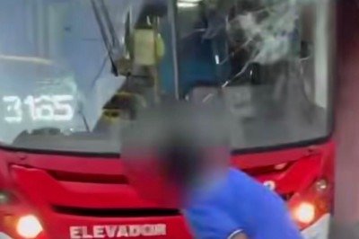 Um homem, de 33 anos, jogou pedras em um &ocirc;nibus ap&oacute;s o coletivo, que transportava passageiros no momento, esbarrar na lateral do carro dele -  (crédito: Reprodu&ccedil;&atilde;o redes sociais)