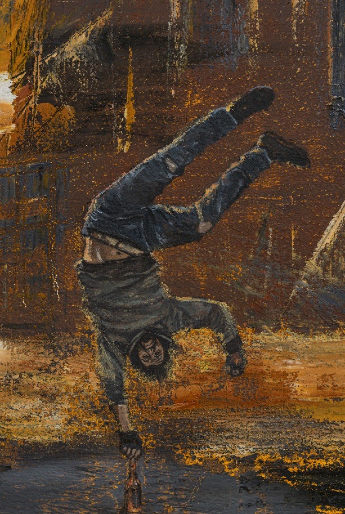 Pintura de um homem sendo arremessado numa rua em chamas