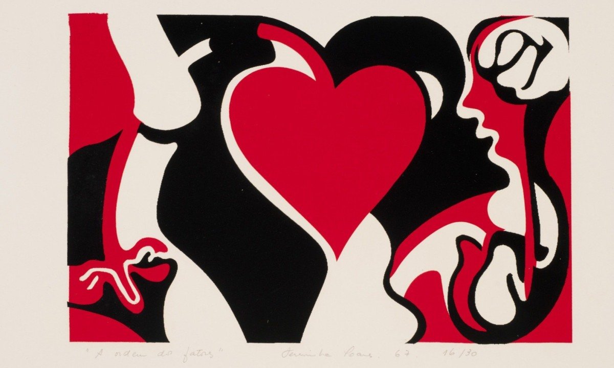 Serigrafia de Teresinha Soares nas cores vermelho, preto e branco traz figura feminina em imenso cora&ccedil;&atilde;o vermelho