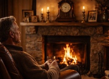 Homem sentado em uma poltrona de frente para o relógio; 