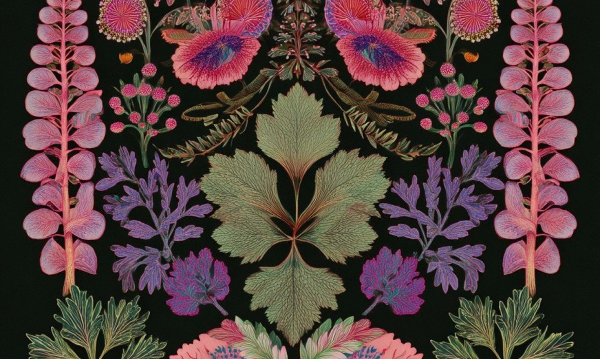 Detalhe de quadro da artista Br&iacute;gida Campbell mostra flores e folhas coloridas