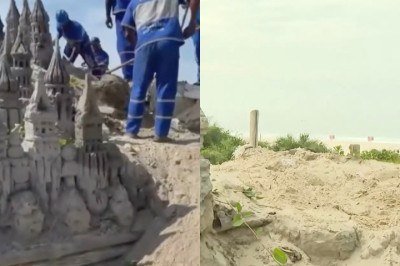 Um grande castelo de areia construído pelo artista Márcio Mizael, conhecido como “Rei Castelinho”, na Praia do Pepê, Zona Sudoeste do Rio de Janeiro, foi demolido pela prefeitura após técnicos apontarem risco de desabamento. -  (crédito: Montagem/Reproduc?a?o TV Globo)