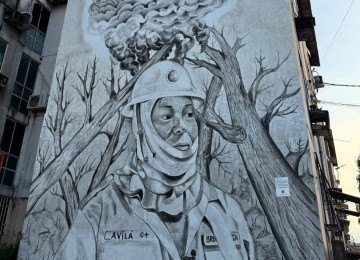 Mural do projeto Paredes Vivas instalado em Manaus, pintado com tinta que leva cinzas de florestas queimadas, homenageia brigadistas -  (crédito: Mia Montreal/divulgação)