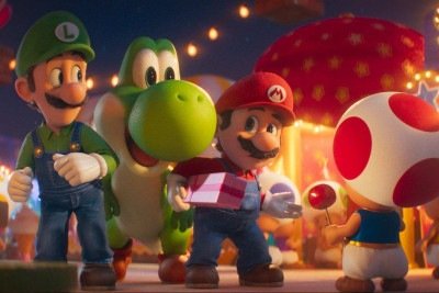 Mario, Luigi e Yoshi em cena de ‘Super Mario Galaxy’, filme que aposta na lógica dos jogos para construir sua narrativa no cinema -  (crédito: Illumination/Nintendo/Divulgação)
