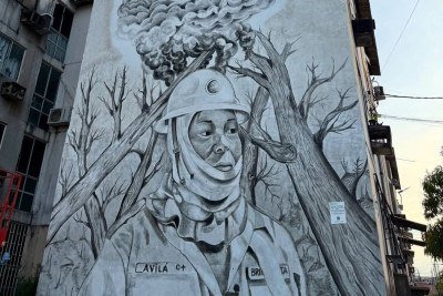 Mural do projeto Paredes Vivas instalado em Manaus, pintado com tinta que leva cinzas de florestas queimadas, homenageia brigadistas -  (crédito: Mia Montreal/divulgação)