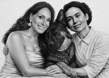 Suzana Vieira com seu cachorrinho e a mãe no desenho feito por Mateus Boldrim
 -  (crédito: Reprodução)
