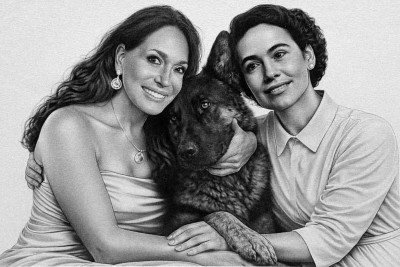 Suzana Vieira com seu cachorrinho e a mãe no desenho feito por Mateus Boldrim
 -  (crédito: Reprodução)