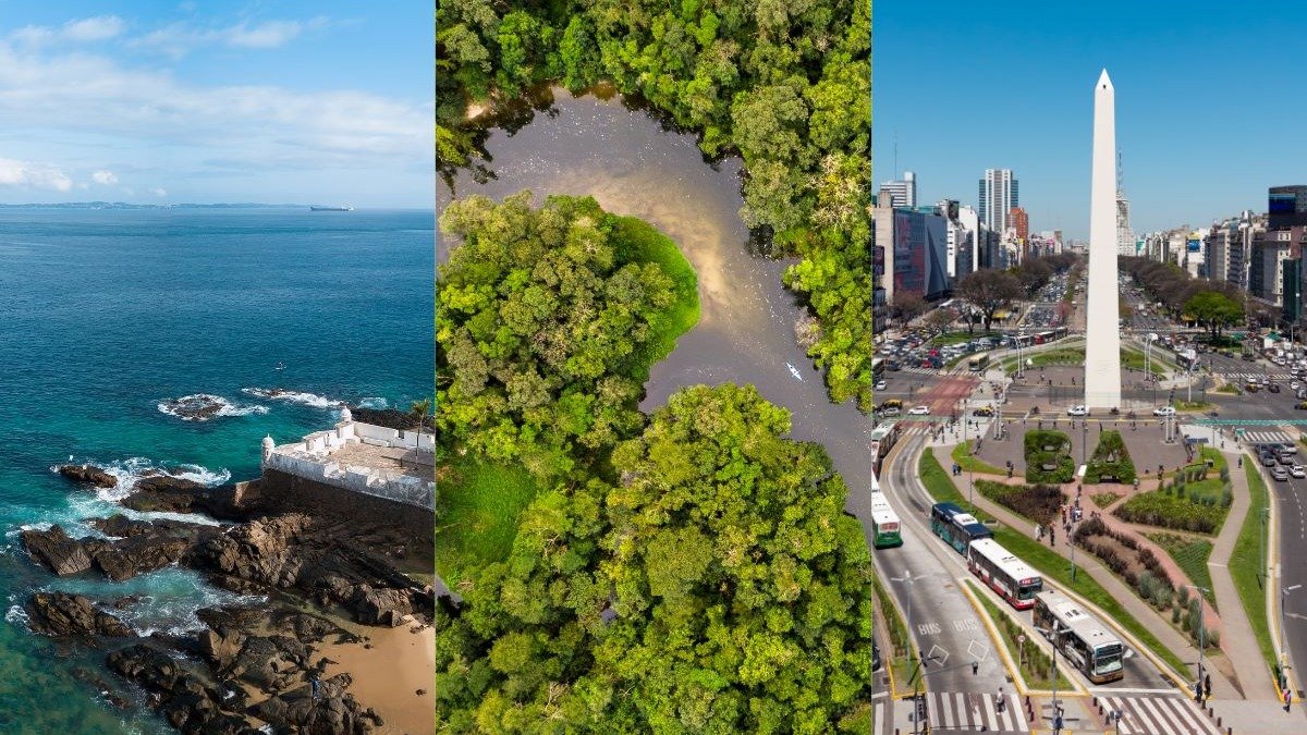 De Salvador &agrave; Amaz&ocirc;nia e Buenos Aires, confira diversos destinos para todos os gostos e estilos na sua pr&oacute;xima viagem. -  (crédito: gustavomellossa de Getty Images Pro / gustavofrazao de Getty Images Pro / Im&aacute;genes de Cristian Martin)
