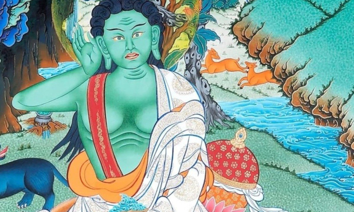 Imagem do escritor budista Jetsun Milarepa, em ilustra&ccedil;&atilde;o em tons de verde, na capa do livro Os c&acirc;nticos de Milarepa: Todas as can&ccedil;&otilde;es sobre o dharma