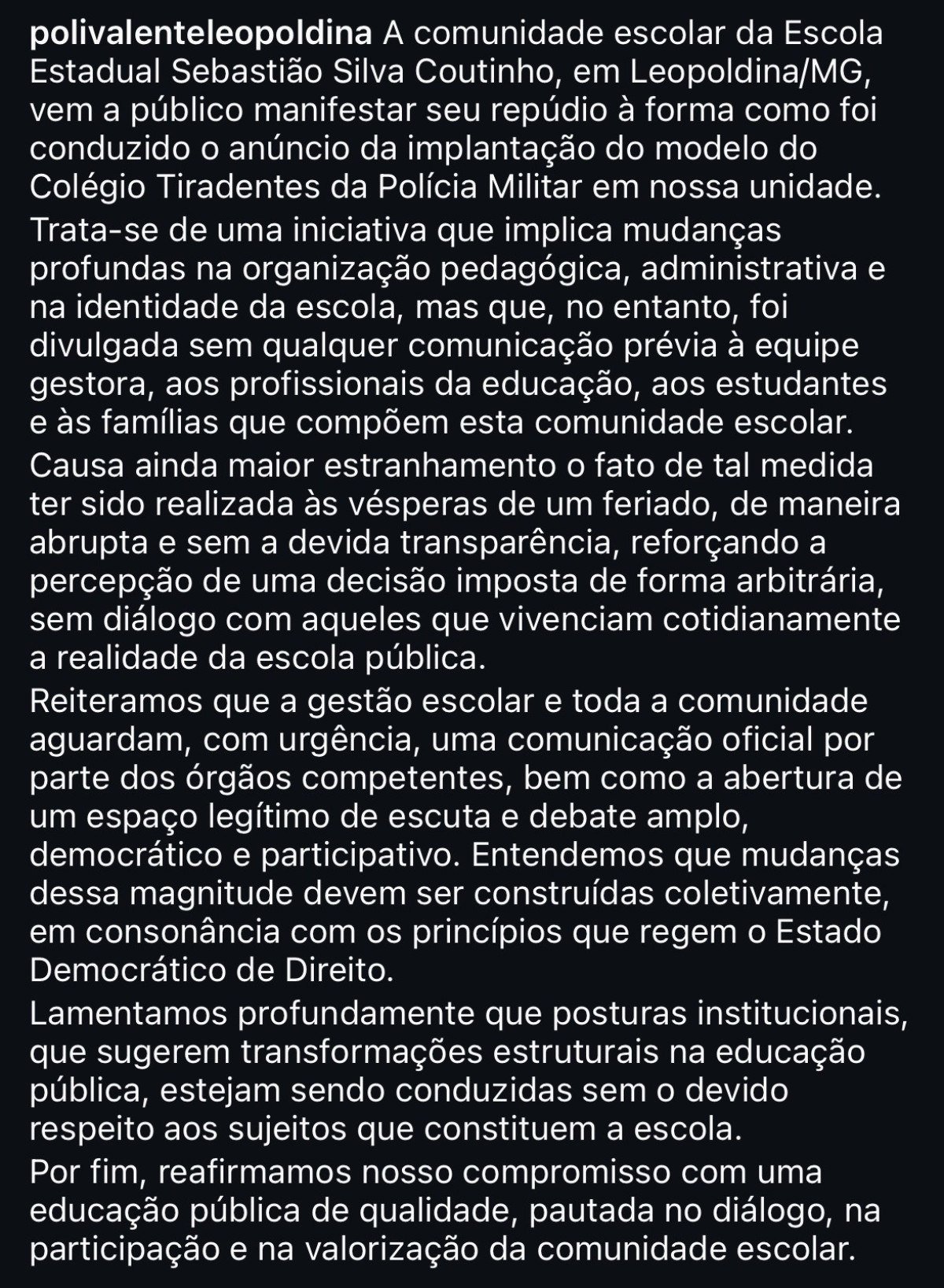 Nota da escola Polivalente lamenta postura do governo de Minas