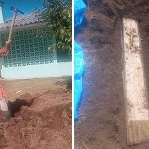 Homem cava quintal de casa para plantar horta e acha caixão com ossada - Redes sociais / Polícia Militar