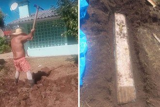 Homem cavava quintal para fazer horta quando encontrou caixão com ossada -  (crédito: Redes sociais / Polícia Militar)