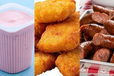 Iogurte, nuggets e lingui&ccedil;a ilustram a presen&ccedil;a de ingredientes como carmim de cochonilha e carne mecanicamente separada em alimentos processados. -  (crédito:  tacar de Getty Images / xoxostd de xoxostd /  tom davis de Pexels)