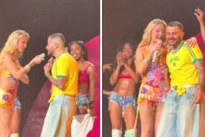 Zara Larsson interage com o f&atilde; brasileiro Matheus no palco durante show em Dallas -  (crédito: Redes sociais)