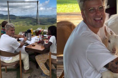 Bruno Gagliasso comemorou seus 44 anos de idade no dia 13 de abril de 2026 com um café da manhã especial organizado pela esposa, Giovanna Ewbank, ao lado dos três filhos, Titi, Bless e Zyan.  
Giovanna compartilhou nas redes sociais o momento em família, que contou com uma mesa ao ar livre e diversos tipos de comidas, acompanhado da legenda “Niver do amor da minha vida”. Como parte da surpresa, Bruno também ganhou três mini cabras de presente, dois machos e uma fêmea, que batizou de Zezinho, Hug -  (crédito: Reprodução Instagram / Montagem)