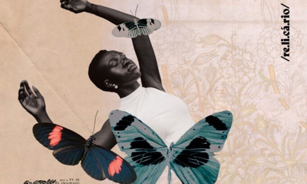 Capa de livro de Cidinha da Silva traz ilustra&ccedil;&atilde;o de mulher negra com os bra&ccedil;os para cima &agrave; frente de duas borboletas