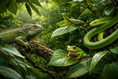 Quando se fala na cor verde na natureza, é comum associá-la imediatamente às plantas, árvores e florestas densas. No entanto, esse tom também está presente em diversos animais, muitas vezes como resultado de estratégias evolutivas impressionantes. O verde, nesses casos, vai muito além da estética. Essa coloração costuma estar ligada principalmente à sobrevivência. Em ambientes ricos em vegetação, ser verde pode significar praticamente desaparecer aos olhos de predadores ou presas. É um recurso v -  (crédito: Imagem gerada por i.a )