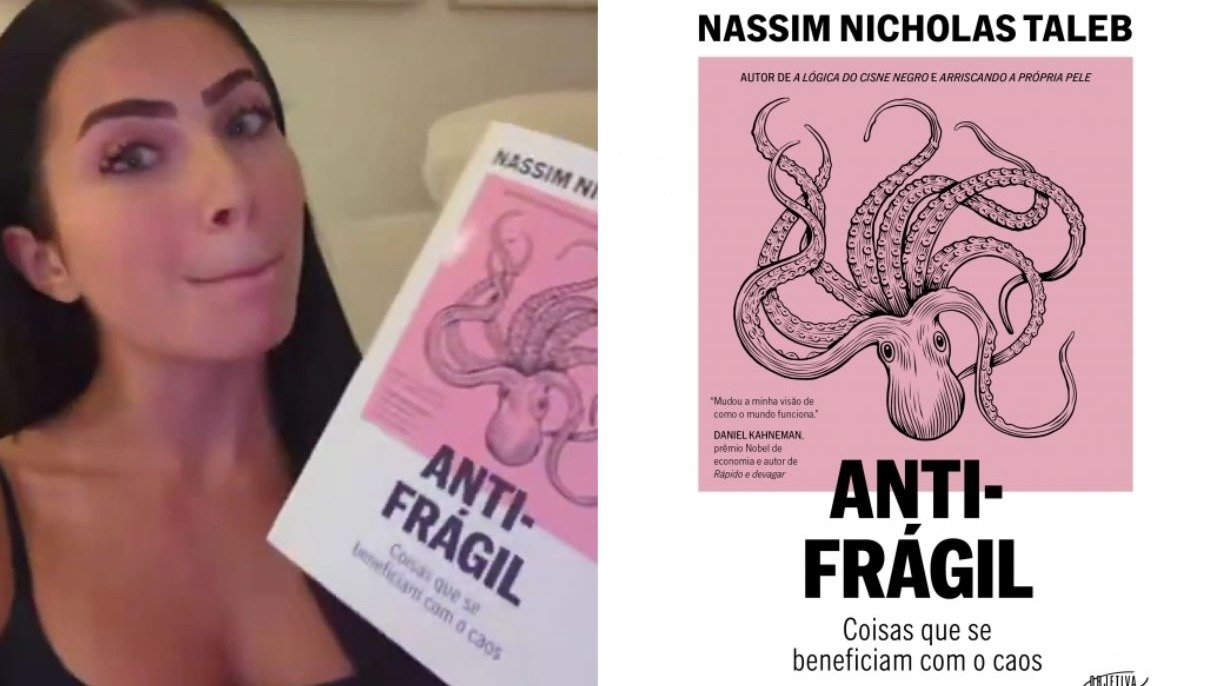 Jade Picon mostra o livro "Antifr&aacute;gil", de Nassim Nicholas Taleb, que a influenciadora comprou pela capa, mas se assustou com o n&uacute;mero de p&aacute;ginas. -  (crédito: Redes sociais / Companhia das Letras)