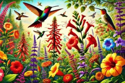 Certas flores atraem beija flores com maior frequência devido à cor intensa, ao formato e à quantidade de néctar. Essas plantas acabam funcionando como importantes fontes de alimento para essas aves. -  (crédito: Imagem gerada po Inteligência Artificial através do aplicativo Microsoft Design)