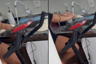 Mulher pedala enquanto lava louça, e vídeo do marido viraliza