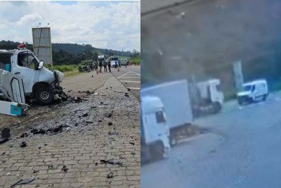 Imagens registradas por uma câmera de monitoramento mostram quando uma ambulância invade a contramão e bate de frente com uma carreta no km 636 da rodovia -  (crédito: PRF/Divulgação - Câmera de monitoramento/Reprodução)