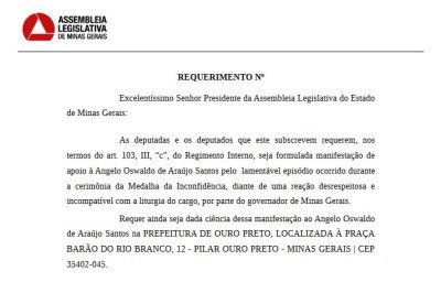 Assinam o documento os deputados do PT Leleco Pimentel, Beatriz Cerqueira, Dr. Jean Freire, Leninha e Marquinho Lemos, al&eacute;m do Professor Cleiton, do PV
 -  (crédito: Reprodu&ccedil;&atilde;o)
