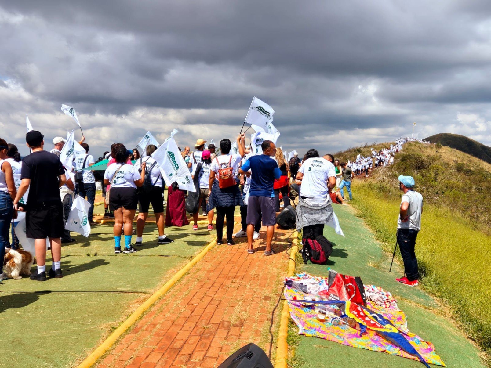 Vestidos com camisetas brancas, os participantes formaram um cord&atilde;o humano no ponto mais alto da serra e estenderam uma grande bandeira