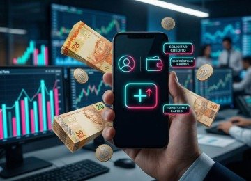 Smartphone exibindo interface de crédito digital com botões em português 'Solicitar Crédito', cercado por notas de Real flutuantes e gráficos financeiros neon.
 -  (crédito: Reprodução Educando Seu Bolso )