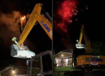Vídeo: noiva surpreende convidados ao entrar em casamento em escavadeira e viraliza -  (crédito: Tupi)