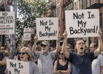 Ilustração retrata protesto fictício de moradores do Village, em Nova Iorque, contra a construação de um abrigo para moradores na rua -  (crédito: imagem gerada por IA/acervo EM)