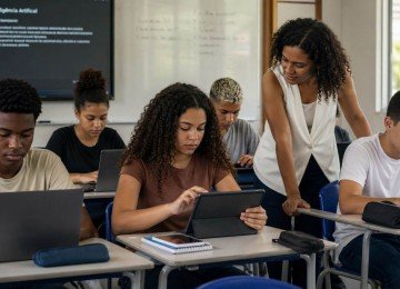 Alunos em sala de aula usando computadores, sob o olhar atento da professora -  (crédito: imagem gerada por IA/acervo Estado de Minas)