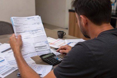 Homem segura boletos e faz contas para saber como vai pagar dívidas; Endividamento das famílias atinge 49,9% em fevereiro e renova recorde, mostra BC -  (crédito: imagem gerada por IA/acervo Estado de Minas)