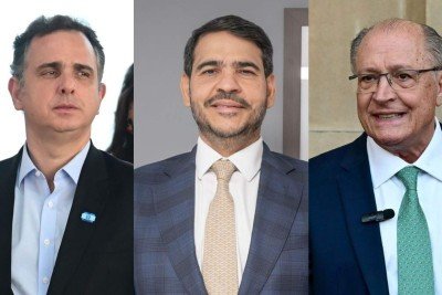 Rodrigo Pacheco, Jorge Messias e Geraldo Alckmin -  (crédito: Leandro Couri/EM/DA.Press, Emanuelle Sena/ AscomAGU e Pablo PORCIUNCULA / AFP)