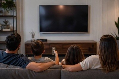Famíila em frente à TV: império norte-americano das emissoras de televisão está ameaçado pelo streaming -  (crédito: imagem gerada por IA/acervo do Estado de Minas)