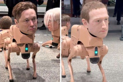 Cachorros robôs com rostos hiper-realistas de Elon Musk e Mark Zuckerberh têm feito sucesso entre público de museu em Berlim -  (crédito: Redes sociais)