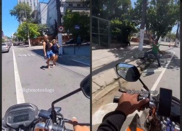 V&iacute;deo: motoboy &eacute; alvo de opera&ccedil;&atilde;o em Niter&oacute;i por aterrorizar pedestres -  (crédito: Tupi/Redprodu&ccedil;&atilde;o)