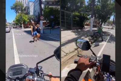 V&iacute;deo: motoboy &eacute; alvo de opera&ccedil;&atilde;o em Niter&oacute;i por aterrorizar pedestres -  (crédito: Tupi/Redprodu&ccedil;&atilde;o)