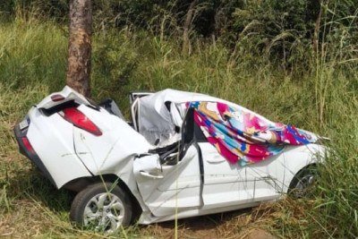 Motorista seguia rumo a Araguari quando perdeu o controle, capotou e bateu em uma árvore -  (crédito: Divulgação/CBMMG)