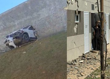 Carro atravessou o muro e destroços ficaram espelhados na parte externa do posto -  (crédito: Imagens cedidas ao EM)