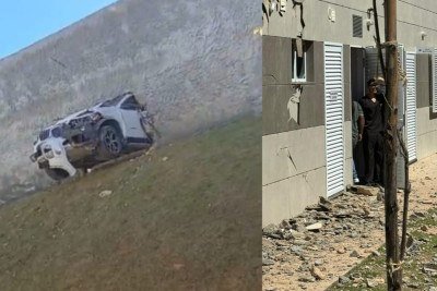 Carro atravessou o muro e destroços ficaram espelhados na parte externa do posto -  (crédito: Imagens cedidas ao EM)
