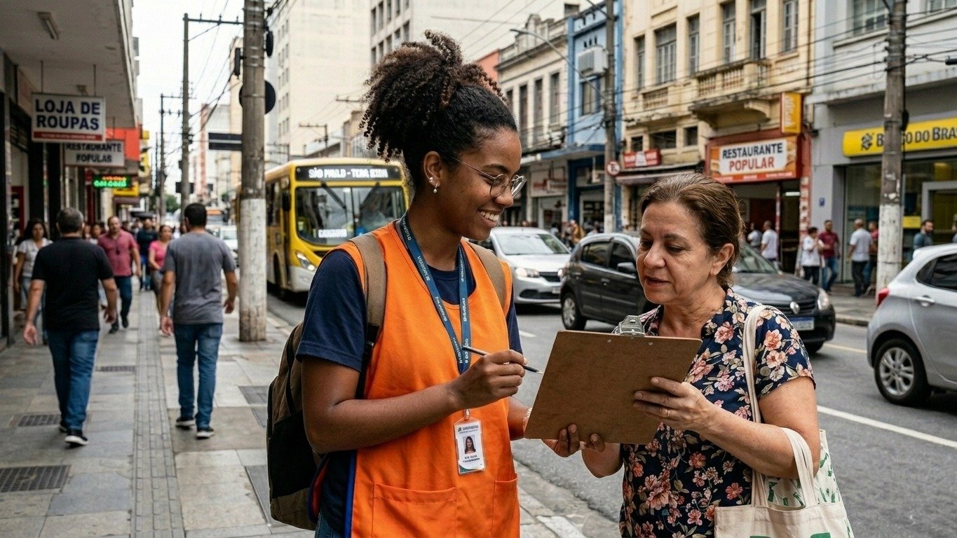 O método presencial de coleta de dados, como mostra a imagem, é tradicionalmente usado por institutos de pesquisa nas ruas. - (crédito: Estado de Minas/ Imagem gerada por IA)
