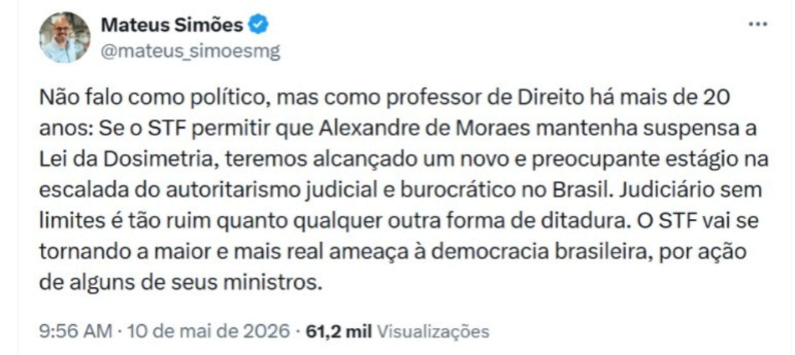 Governador de Minas Gerais, Mateus Sim&otilde;es (PSD) publicou no X, antigo Twitter, uma cr&iacute;tica &agrave; decis&atilde;o do ministro Alexandre de Moraes de suspender a aplica&ccedil;&atilde;o da Lei da Dosimetria