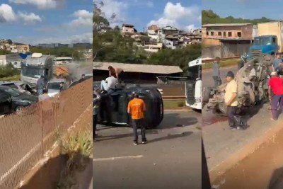 Imagens mostram via sentido Vitória está completamente interditada; 13 veículos se envolveram na colisão e ao menos duas pessoas ficaram feridas -  (crédito: Reprodução/Redes Sociais)