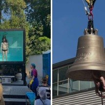 Tanque de urina vira obra de arte e mulher usa corpo como badalo de sino - Redes sociais
