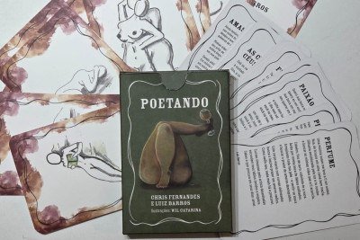 A caixa e algumas das 35 cartas de "Poetando", livro em formato de baralho de Chris Fernandes e Luiz Barros, com ilustra&ccedil;&otilde;es de Wil Catarina. -  (crédito: Divulga&ccedil;&atilde;o)