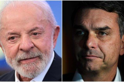 Lula e Flávio Bolsonaro são os principais pré-candidatos à Presidência -  (crédito: Leandro Couri/EM/D.A Press e Daniel Ramalho/AFP)